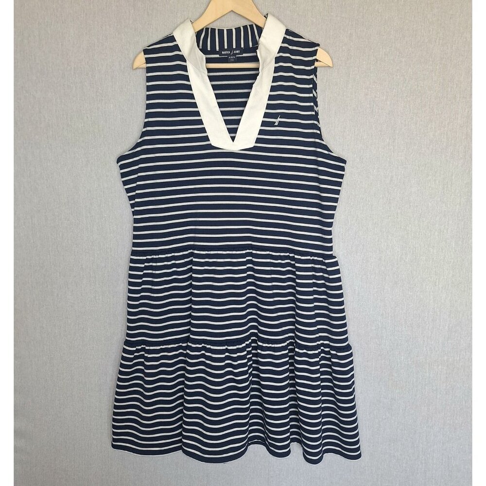 💙 Nautica Soft Stretchy Striped Dress Size XL Tenniscore Preppy Nautical Old Mo